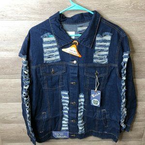 Ella Womens Size Large Dark Blue Distressed Denim Jacket NWT